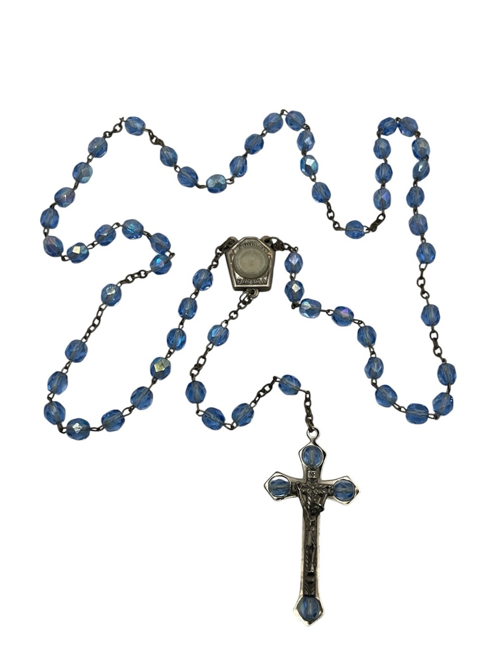 Catholic rosary beads faceted blue w silver tone cross crucifix Jesus vintage